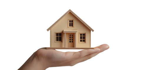 model of a house on his palms hand concept of mortgage lending real estate insurance construction design