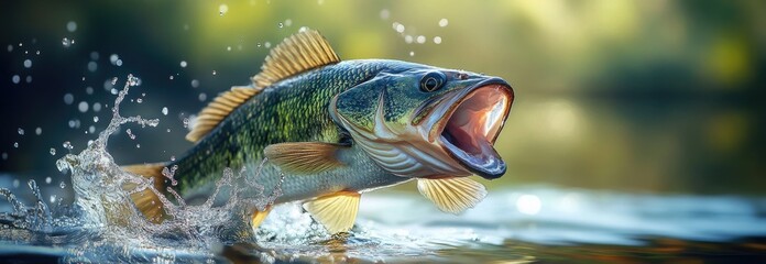 A vibrant banner showcases a stunning fish caught mid-leap from a tranquil body of water. The scene reflects the excitement of fishing in a scenic location, perfect for a fishing shop