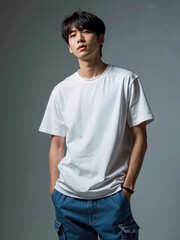 Obraz premium Studio Portrait of Asian Male Model in Classic White Tshirt, Front View