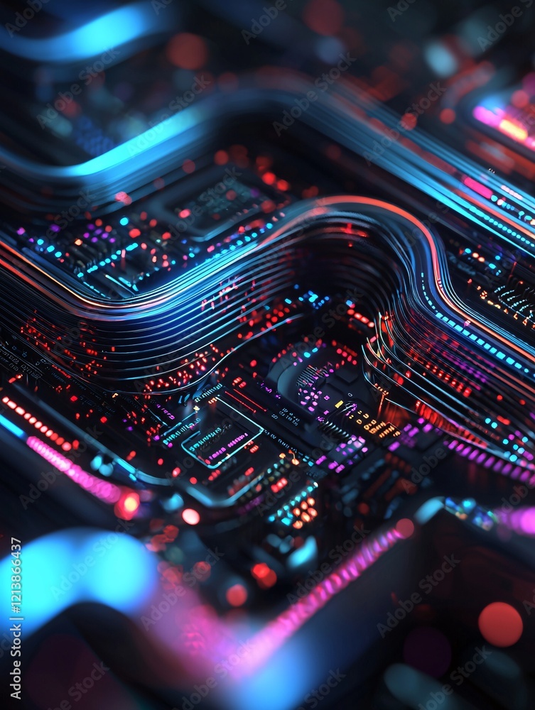 Poster information records processing, dynamic system flow, glowing streams of data, synchronized ai themes