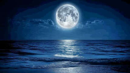 Serene Night Ocean Scene With Full Moon Above