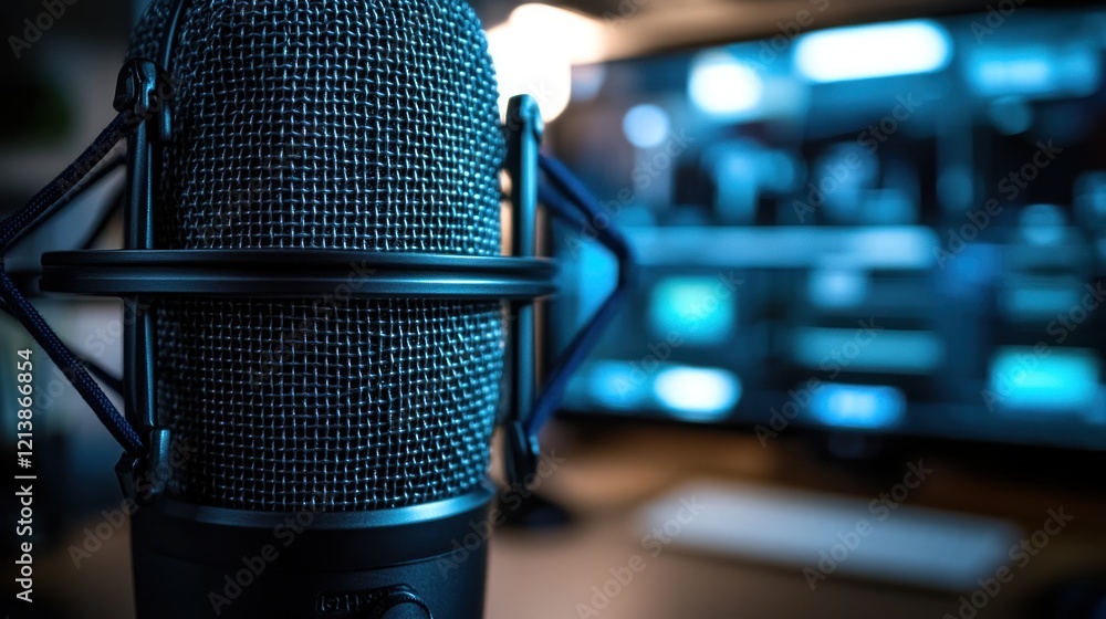 Poster closeup of microphone in recording studio setting