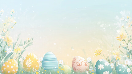 Easter egg banner, soft pastel gradient background in light blue and yellow, decorative Easter eggs with floral patterns, Ai generated images