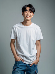 Obraz premium Clean Tshirt for Mockups - Asian Male Model in Essential White Tshirt, Front View
