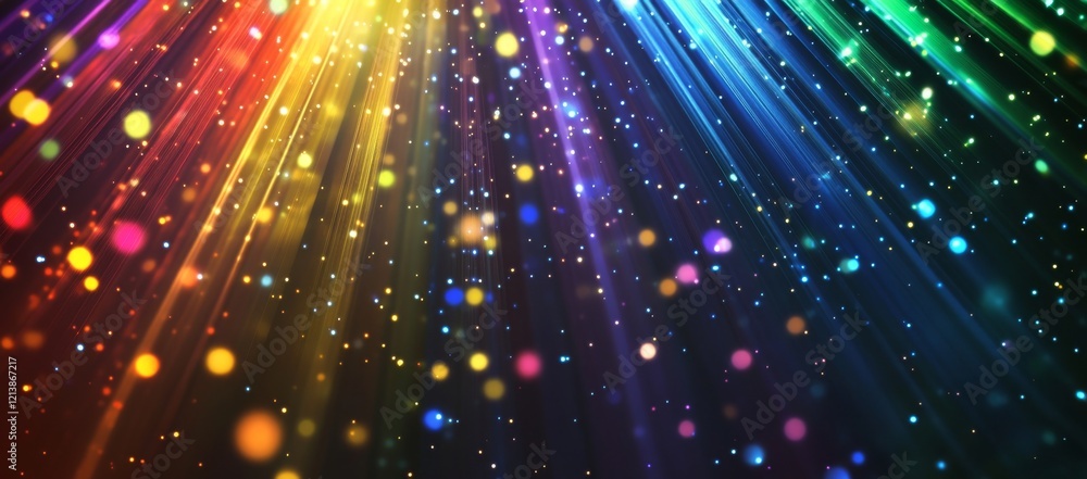 Poster colorful light beams create an electrifying atmosphere in a vibrant performance space at night..