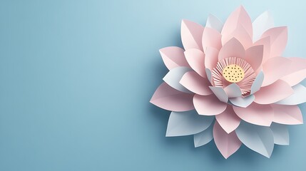 A paper cut lotus blooming with intricate layers representing peace and mental health, with soft, calming colors and gentle textures, with the space for text.