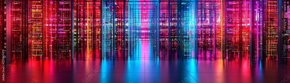 Poster information records processing, intricate ai flow visualization, glowing data processing nodes, abst