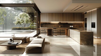 Modern minimalist kitchen and living area with large window overlooking garden.