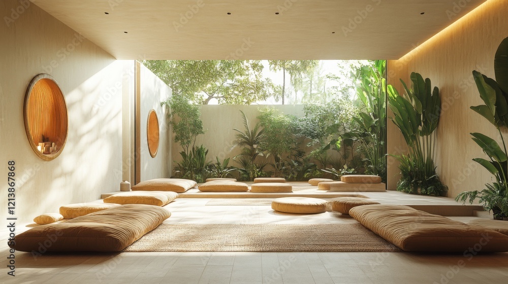 Aufkleber A bright and serene indoor area features soft seating and natural materials, enhanced by sunlight filtering through large windows and surrounded by vibrant plants, creating a peaceful atmosphere.