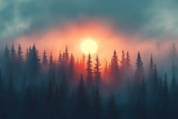 Naklejka premium Muted hues, a dramatic mood, and the silhouette of pine trees against a hazy sky at sunset. Generative Ai