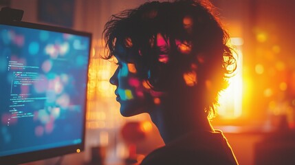 Profile of Person Silhouetted by Glowing Computer Screen at Sunset