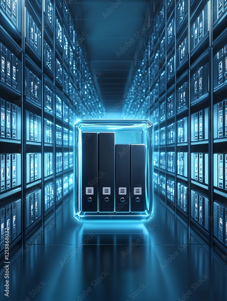 Poster information records documentation, glowing futuristic folders, abstract ai-driven storage systems, s
