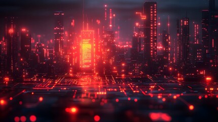 Obraz premium Futuristic Cityscape at Night with Vivid Neon Lights and Dramatic Architectural Structures