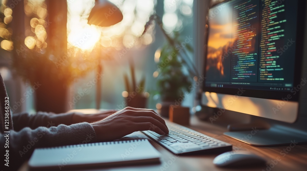 Poster person coding on computer with soft evening light and minimalist desk