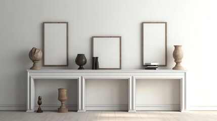 White console table with frames, vases, and sculptures against a white wall.