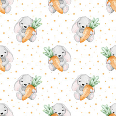 Bunny holding fresh carrots with leaves. Hare hugs huge carrot. Hand drawn watercolor seamless pattern of rabbits on polka dots background for children's goods, baby's textiles, bed linen, pajamas.