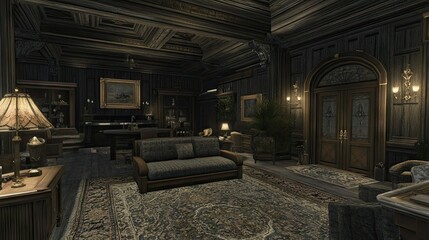 A cozy living room showcasing gray-brown decor, a rustic door, and a patterned area rug.