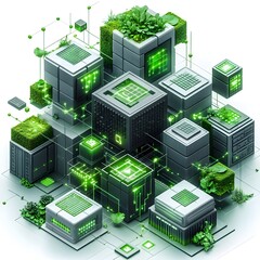 Futuristic Modular Green City with Geometric Shapes and Digital Technology Landscape