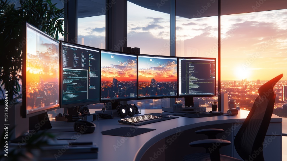 Poster sunset view from modern office workspace with multiple monitors