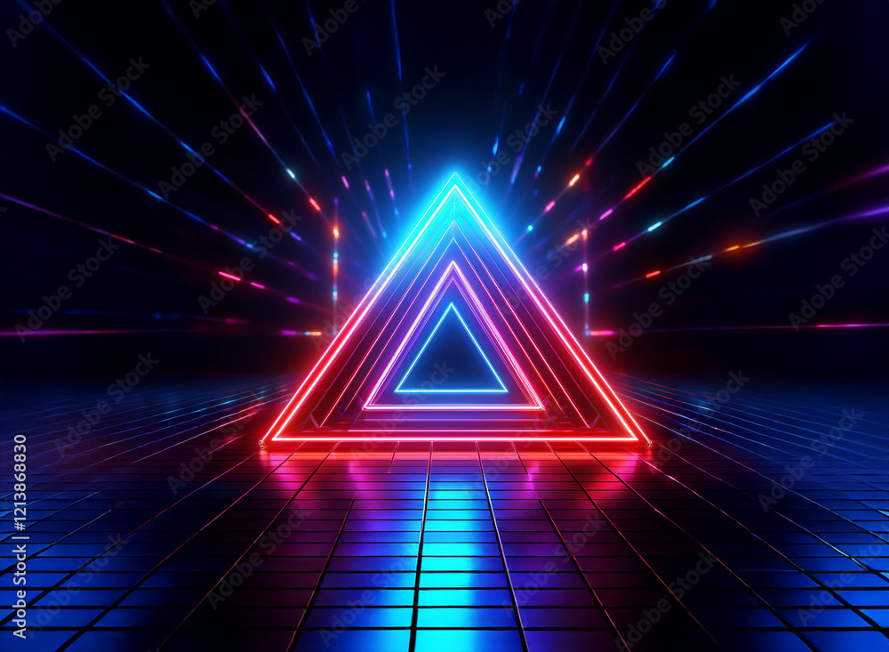 Aufkleber vibrant red and blue neon triangles glow, nested within each other, creating a striking symmetrical 