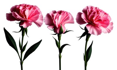 Pink carnations trio against white background with green stems