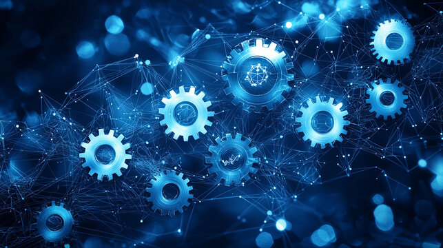 Interconnected gears and network nodes.