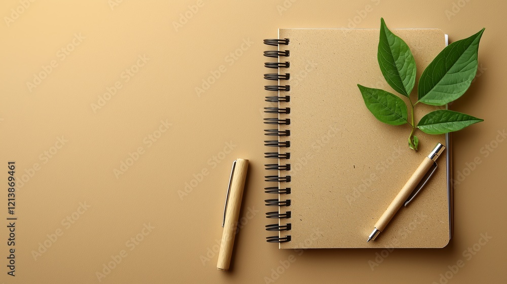 Poster natural elements with notebook and pen on minimalist background