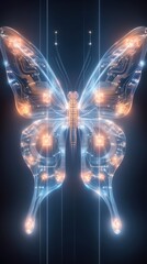 Futuristic neon cyber butterfly with glowing circuit wings