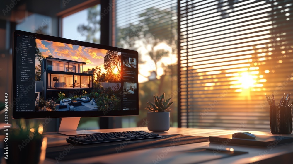 Poster modern workspace with computer displaying architectural design at sunset