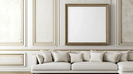 Elegant Gold Framed Artwork Above a White Sofa