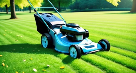 Fototapeta premium Modern electric lawn mower on lush green grass in sunlit park setting