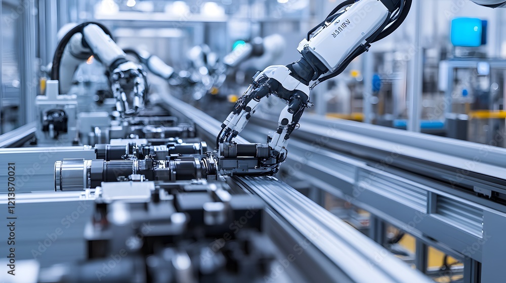 Poster robotic arm assembling components on factory assembly line