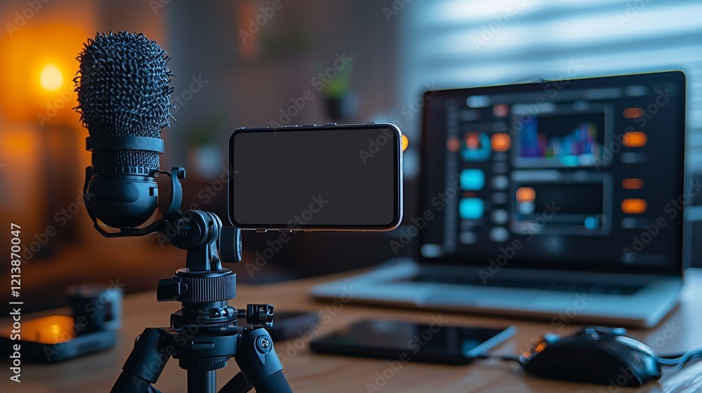 Poster modern workspace with microphone, smartphone, and computer setup