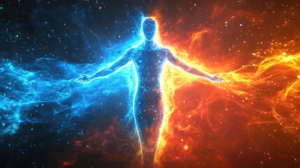 Naklejka premium Futuristic human glowing with blue and orange energy in a cybernetic universe