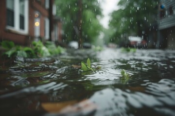 Fototapeta premium A tranquil scene of rain falling on a flooded street, with water reflecting greenery and the soft ambiance of a dreary day.