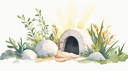 Watercolor easter tomb and cross with vibrant foliage and sunlight