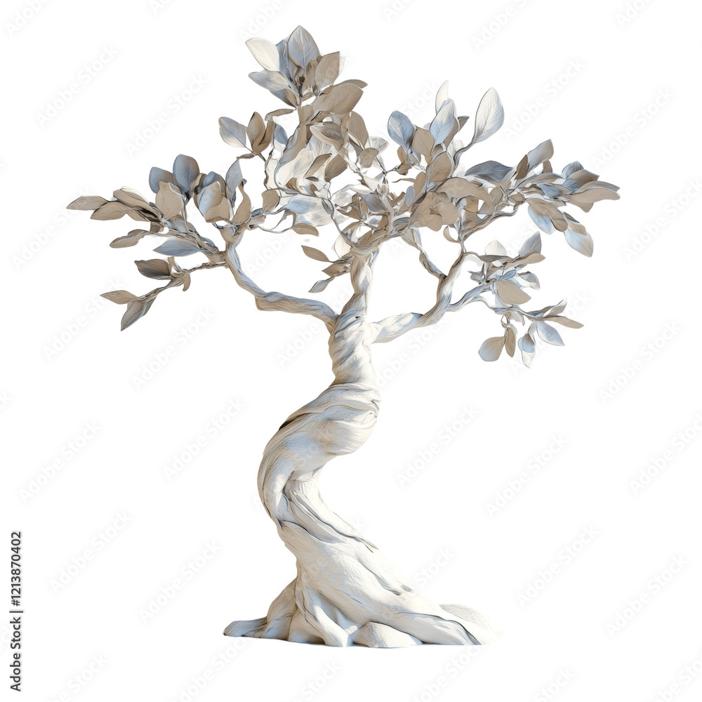 Poster a digital rendering depicts a stylized white bonsai tree with a dramatically curved trunk and delica