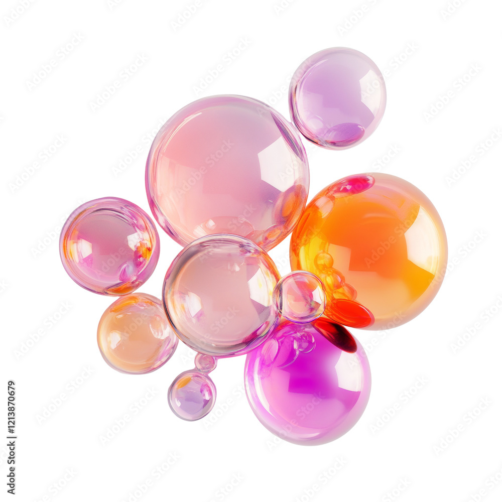 Poster a group of colorful translucent glass spheres arranged in a clustered formation against a white back