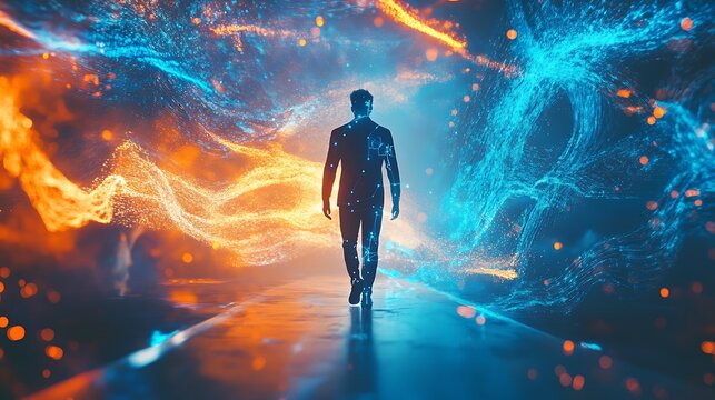 Digital human surrounded by flowing blue and orange energy in a digital cybernetic realm