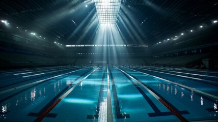 Olympic swimming pool. Interior swimming pool, stadium, event, indoor. Brightly lit, fresh water.	
