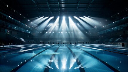 Olympic swimming pool. Interior swimming pool, stadium, event, indoor. Brightly lit, fresh water.	
