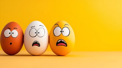 Fototapeta premium Three eggs with faces on them are sitting on a yellow background. The eggs are looking at the camera with expressions of surprise and anger. Concept of humor and playfulness