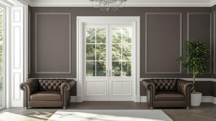 Fototapeta premium A luxurious living room with gray-brown walls, a leather sofa, and a double glass door.