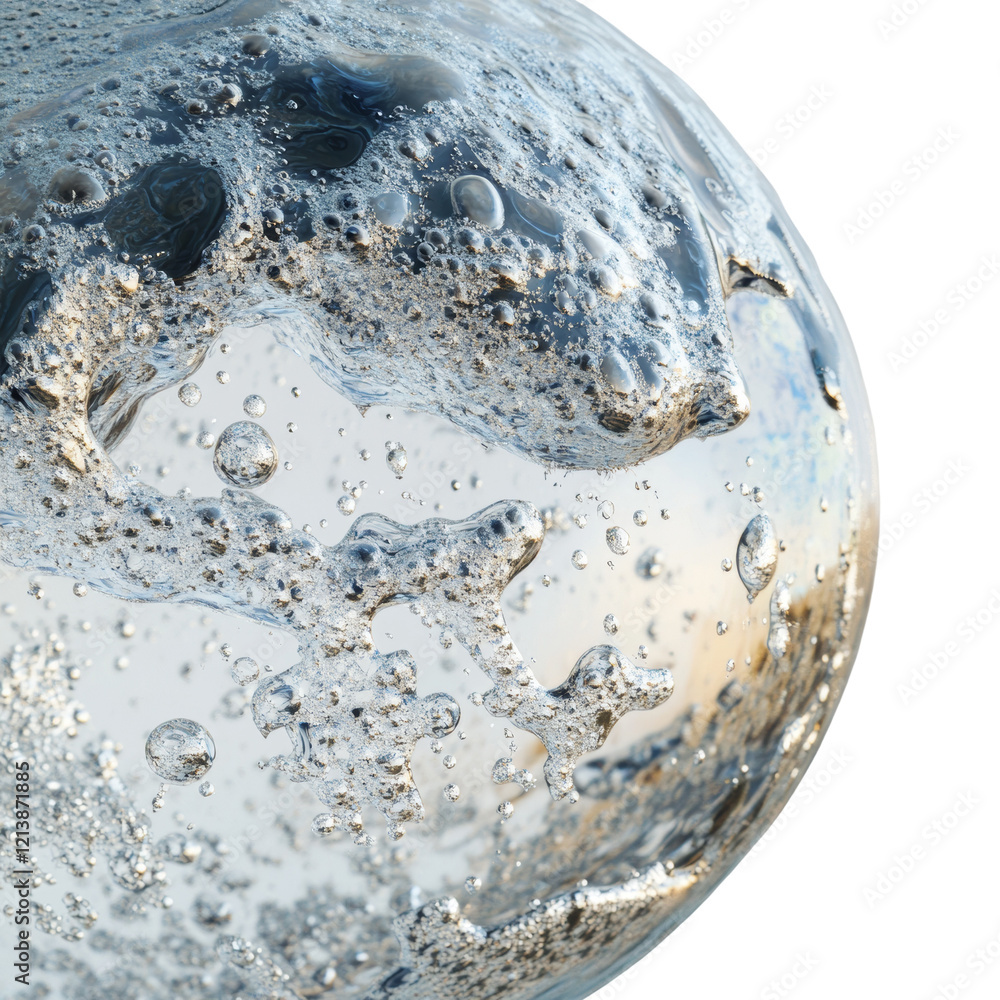 Poster a close-up image showcases a glass sphere filled with numerous bubbles, exhibiting a dynamic and abs