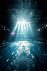Fototapeta premium Olympic swimming pool. Interior swimming pool, stadium, event, indoor. Brightly lit, fresh water. 