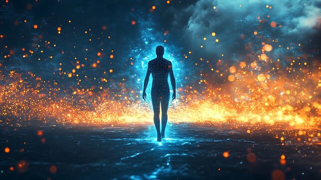 Futuristic digital human standing amidst radiant blue and orange energy in a cybernetic realm