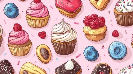 cupcakes, cookies, and pastries in a doodle style with a vibrant colors and pink background.