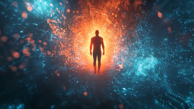 Futuristic digital human standing amidst radiant blue and orange energy in a cybernetic realm