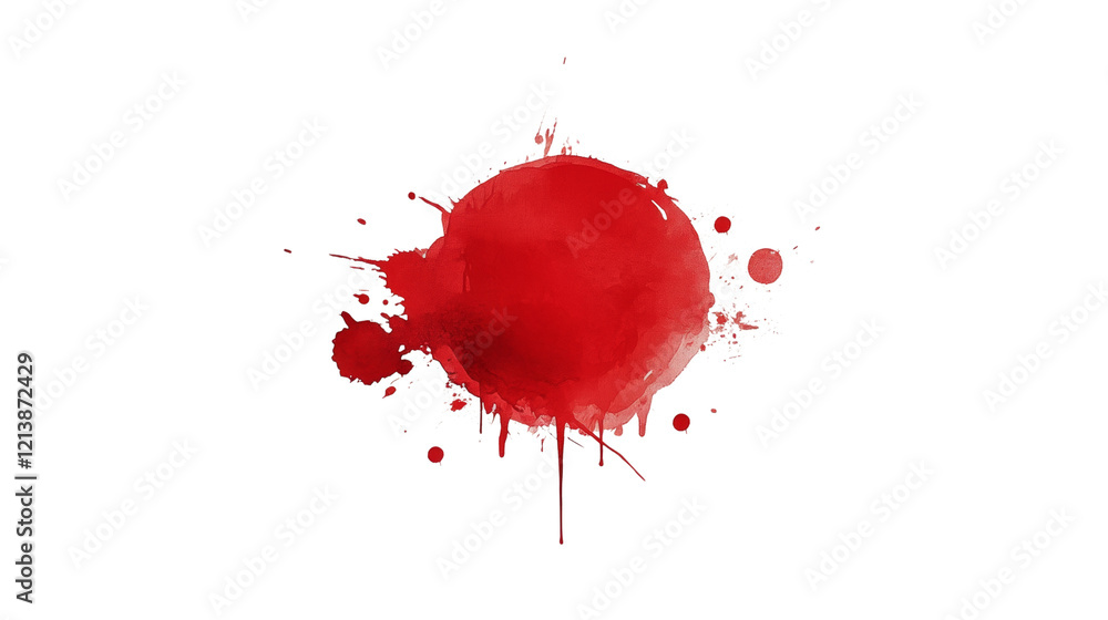 Poster An abstract image featuring a large red watercolor splatter against a black background the splatter has a central circular form with radiating smaller droplets.