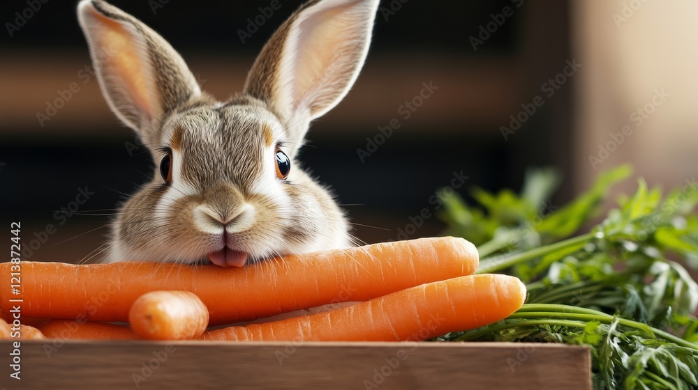 Poster rabbit is eating a carrot in front of some green vegetables. the rabbit is looking at the camera wit